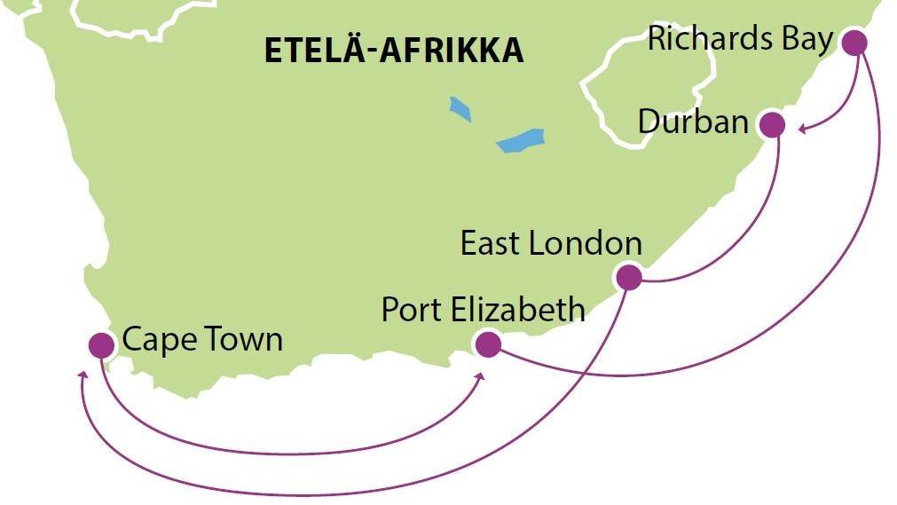 Etelä Afrikan risteily AZAF1 kartta