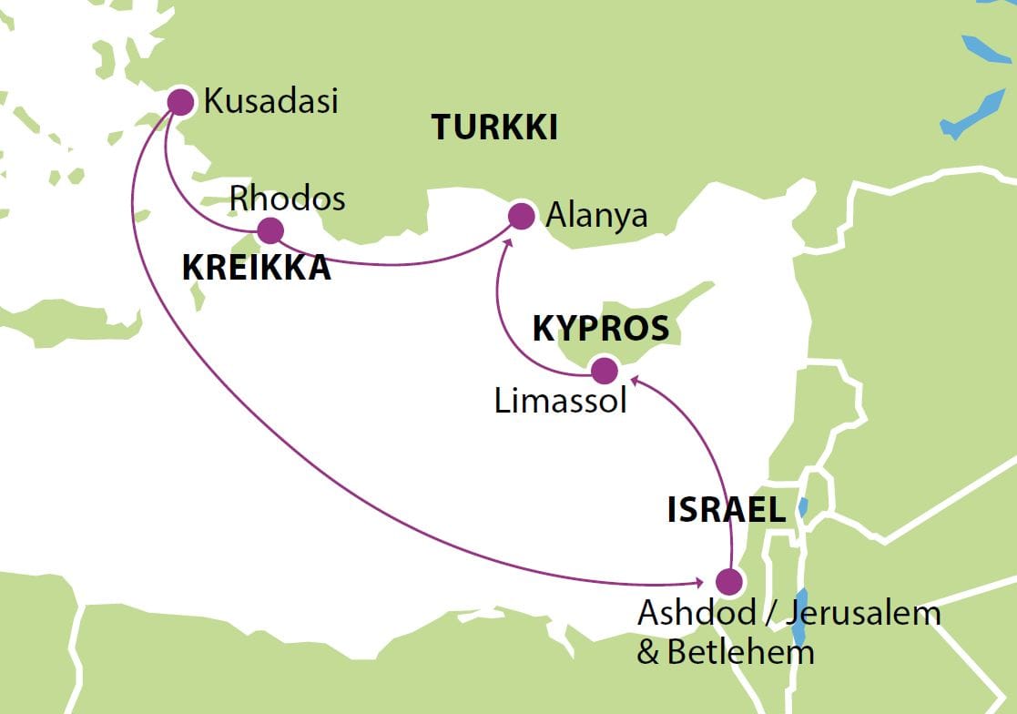 Itä Välimeren risteily Israel Kreikka ja Turkki kartta THMED56