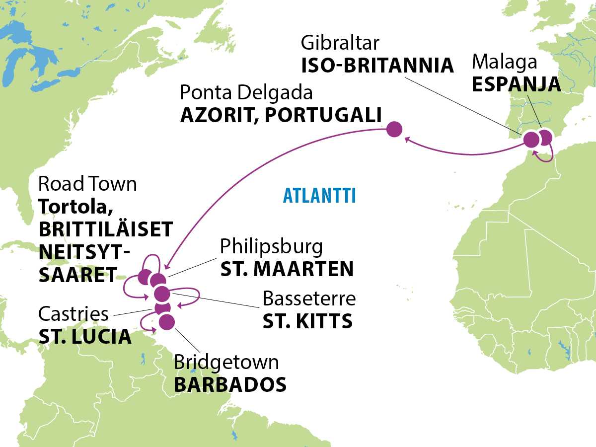 Atlantin ylitys Espanjasta Azoreiden kautta Karibialle kartta THCAR18