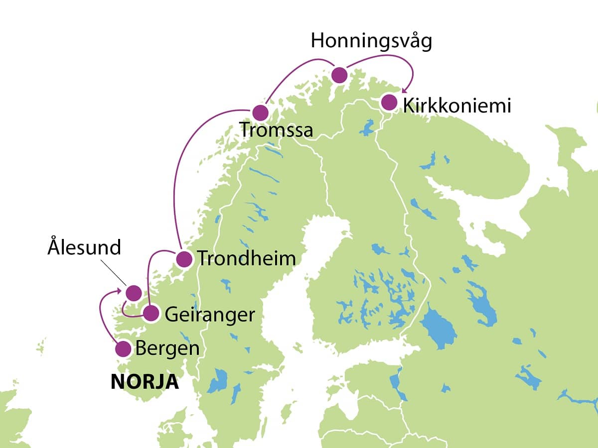 Norjan rannikkoristeily ja vuonot Bergen Kirkkoniemi kartta HAVNO1