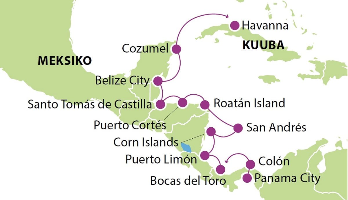 Kartta Latinalaisen Amerikan kierros Karibialla HACAR10