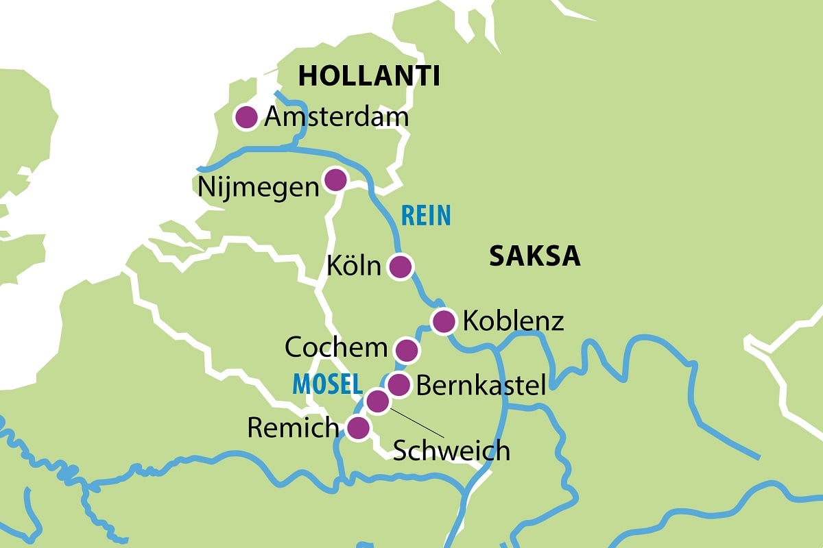 Reinjoen ja Moseljoen risteily Amsterdam Remich kartta