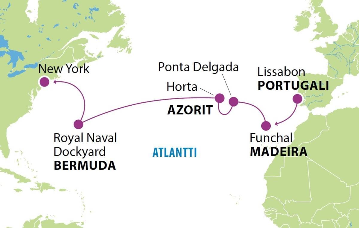 Atlantin ylitysristeily Lissabonista New Yorkiin 3.11.2023 kartta