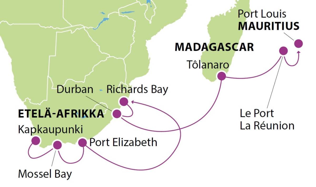 Etela Afrikan ja Mauritiuksen risteily 1.11.2023 kartta