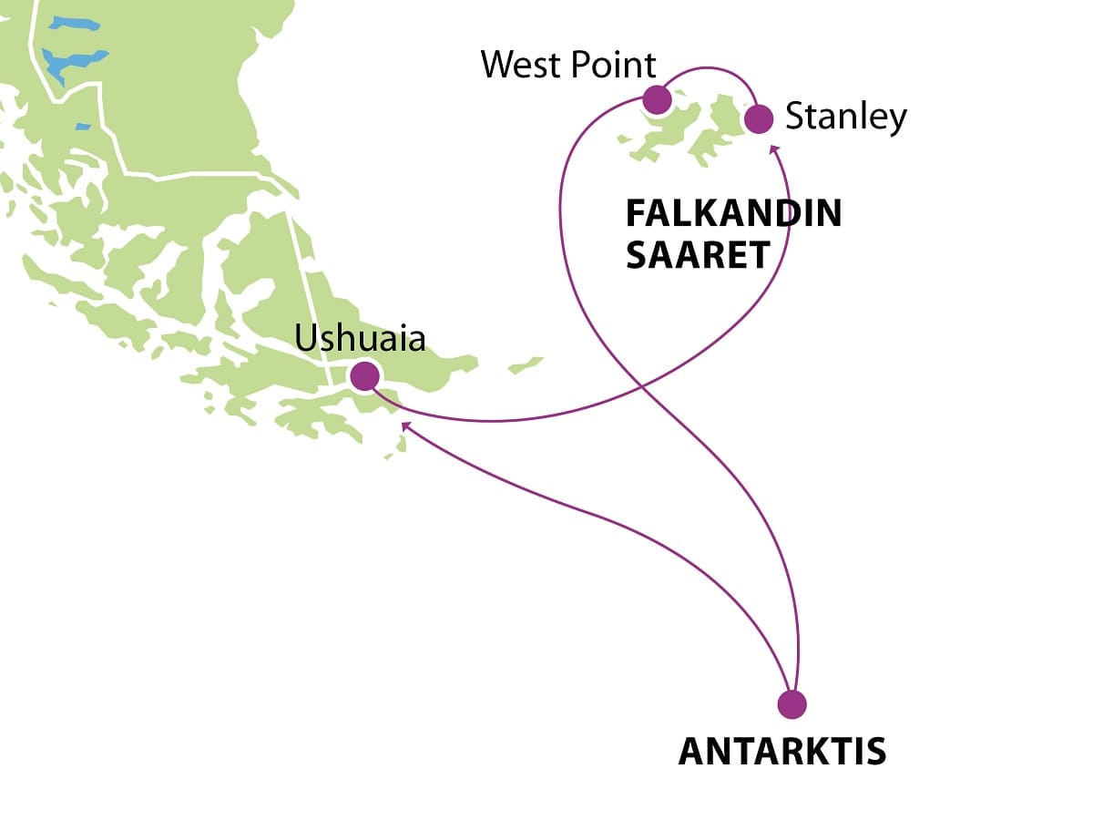 Etelamantereen ja Falkandin saarten risteily kartta 2023