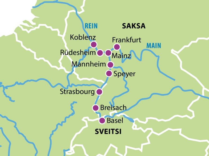 Kartta Jokiristeily Rein ja Mainjoella Baselista Frankfurtiin 20.4.2024 uusi Kartta Jokiristeily Rein ja Mainjoella Baselista Frankfurtiin 20.4.2024 uusi