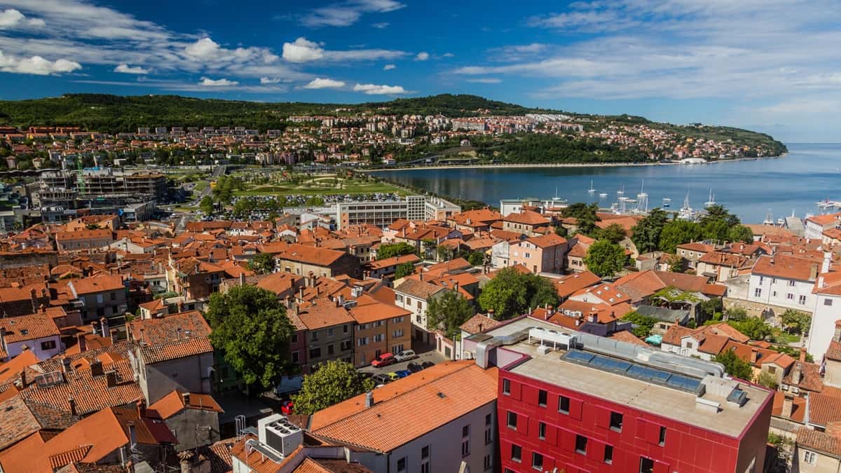 Välimeren risteily voi viedä myös Sloveniaan, Koperin rannikkokaupunkiin Välimeren risteilyn valmis paketti voi viedä läntiselle Välimerelle tai muihin kaupunkeihin. Kuvassa Slovenian Koper, etualalla vanhaa kaupunkia ja talojen punaisia kattoja. Taustalla meri sekä vehreää vuoristomaisemaa.