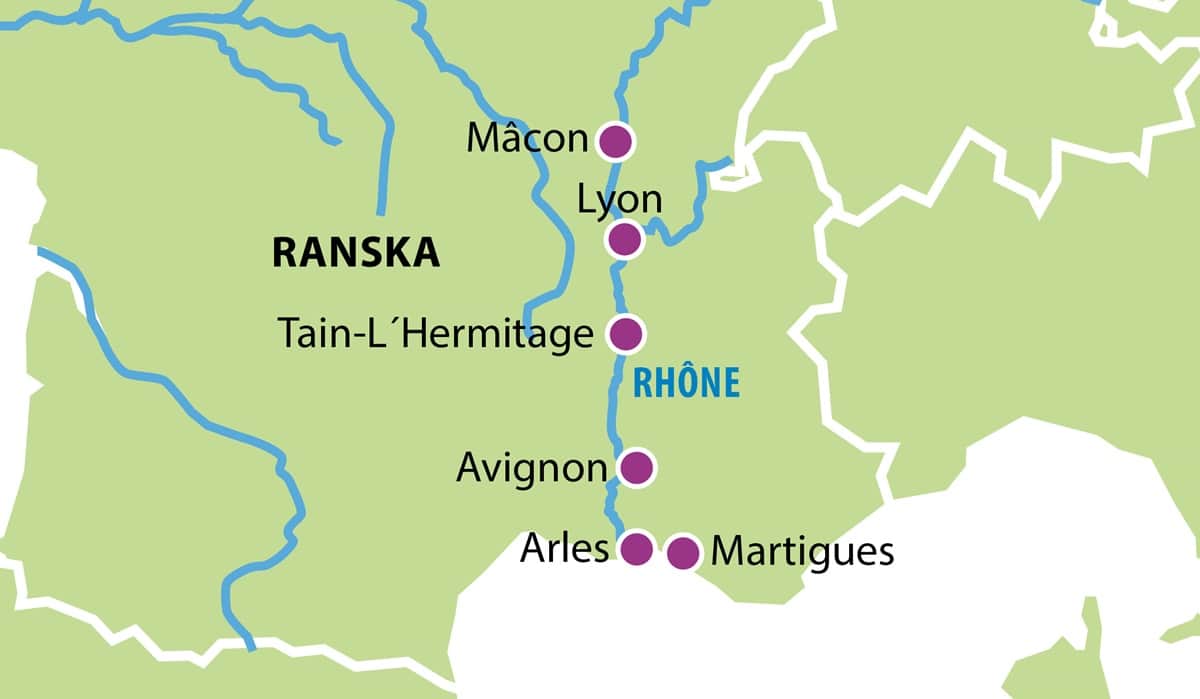 Viinikoynnosten ja viinien kiehtova maailma Risteily Rhonejoella kartta Viinikoynnosten ja viinien kiehtova maailma Risteily Rhonejoella kartta