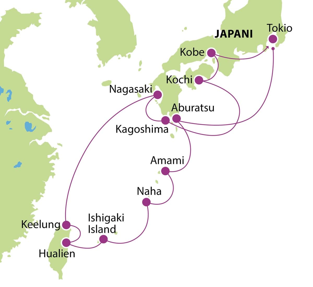 Etalaisen Japanin ja Taiwanin risteily 2025 kartta