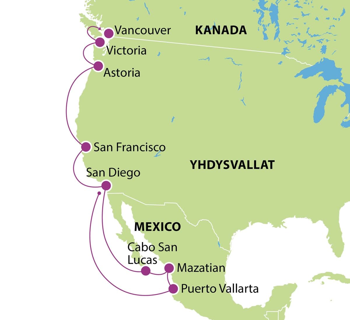 Risteily Tyynenmeren rannikolla Meksiko ja Kalifornia 2025 kartta