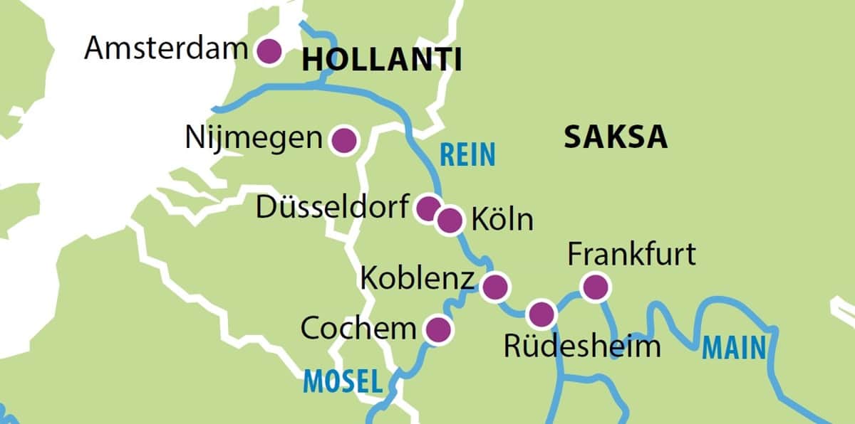 Paasiaisristeily kolmella joella Rein, Mosel ja Main 2025 kartta