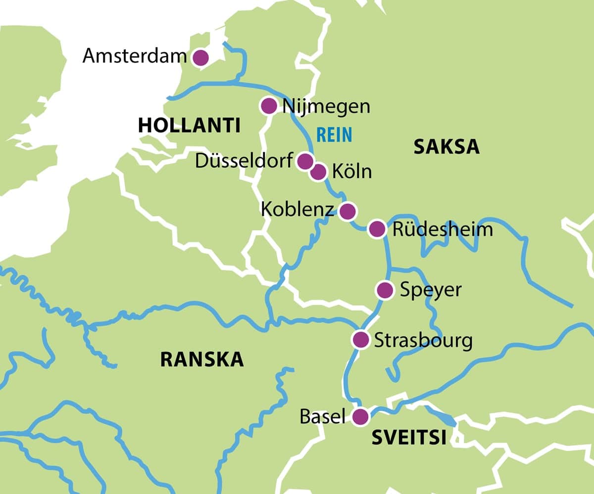 Reinin risteily Alankomaista Sveitsiin 2025 kartta Reinin risteily Alankomaista Sveitsiin 2025 kartta