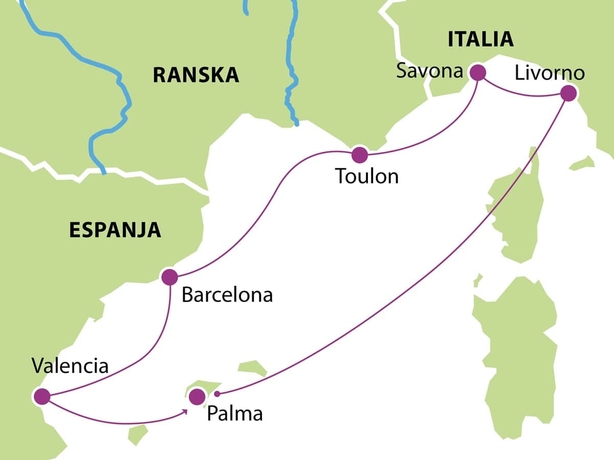 Lantisen Valimeren risteily Espanja, Italia, Ranska 2025 kartta