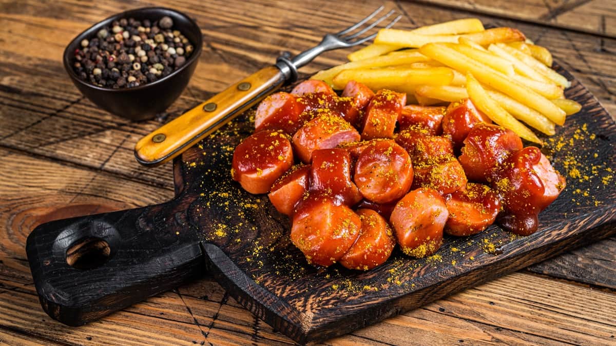 Currywurst on maistamisen arvoinen herkku Currywurst-makkaroita ranskalaisten kanssa, puisella alustalla.