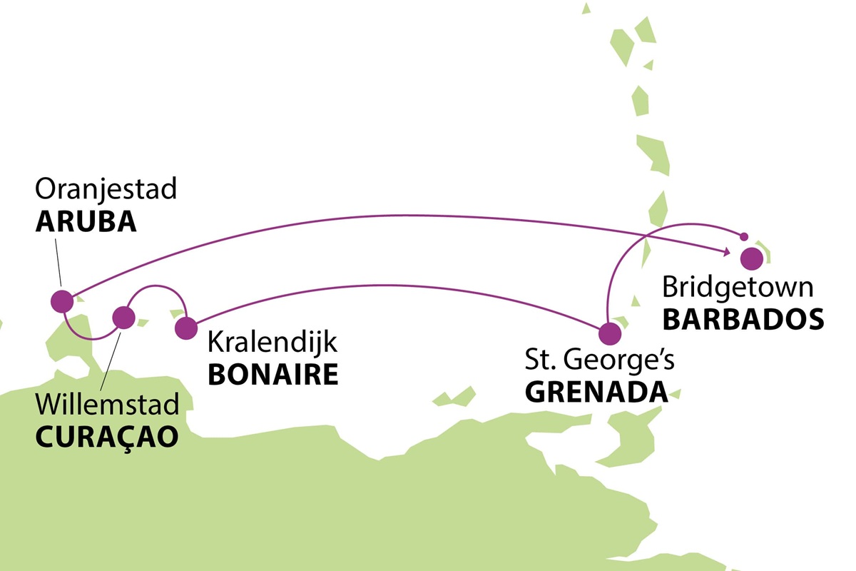 KC kartta Karibian risteily Barbadokselta ABCsaarille 10 12 2025