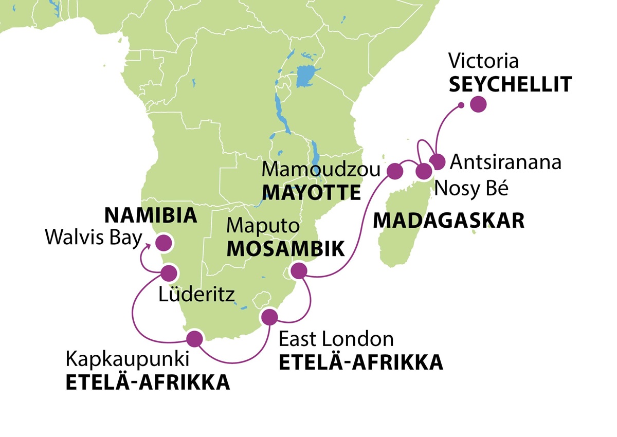 KC kartta Risteily Seychelleilta Etela Afrikkaan ja Namibiaan 23 02 2026