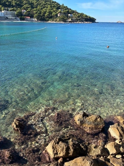 Dubrovnik hotellin ranta Turkoosi merivesi ja kivikkoinen ranta. Taustalla vehreää kroatialaista metsää